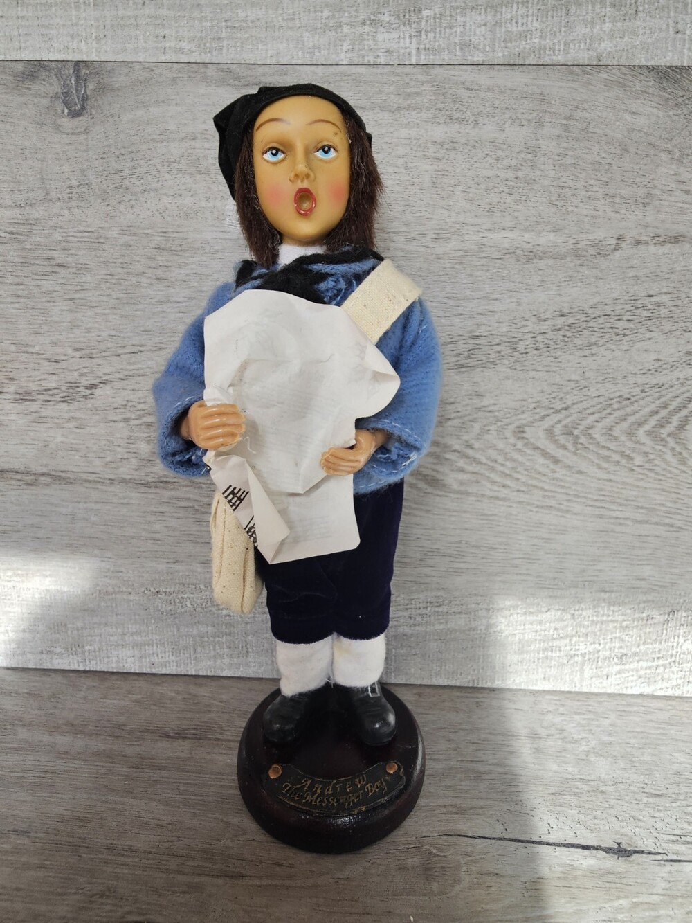 Vintage Classic Christmas Caroler Wood Base 9” Andrew The Messenger Boy